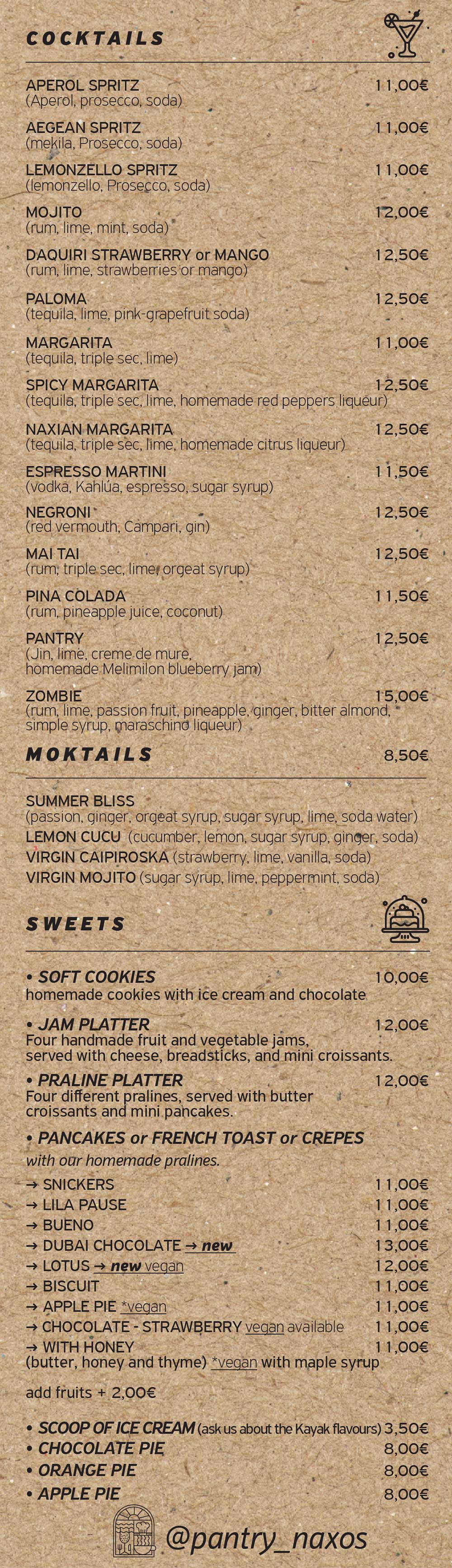 The menu of Pantry coffee and brunch spot in Naxos