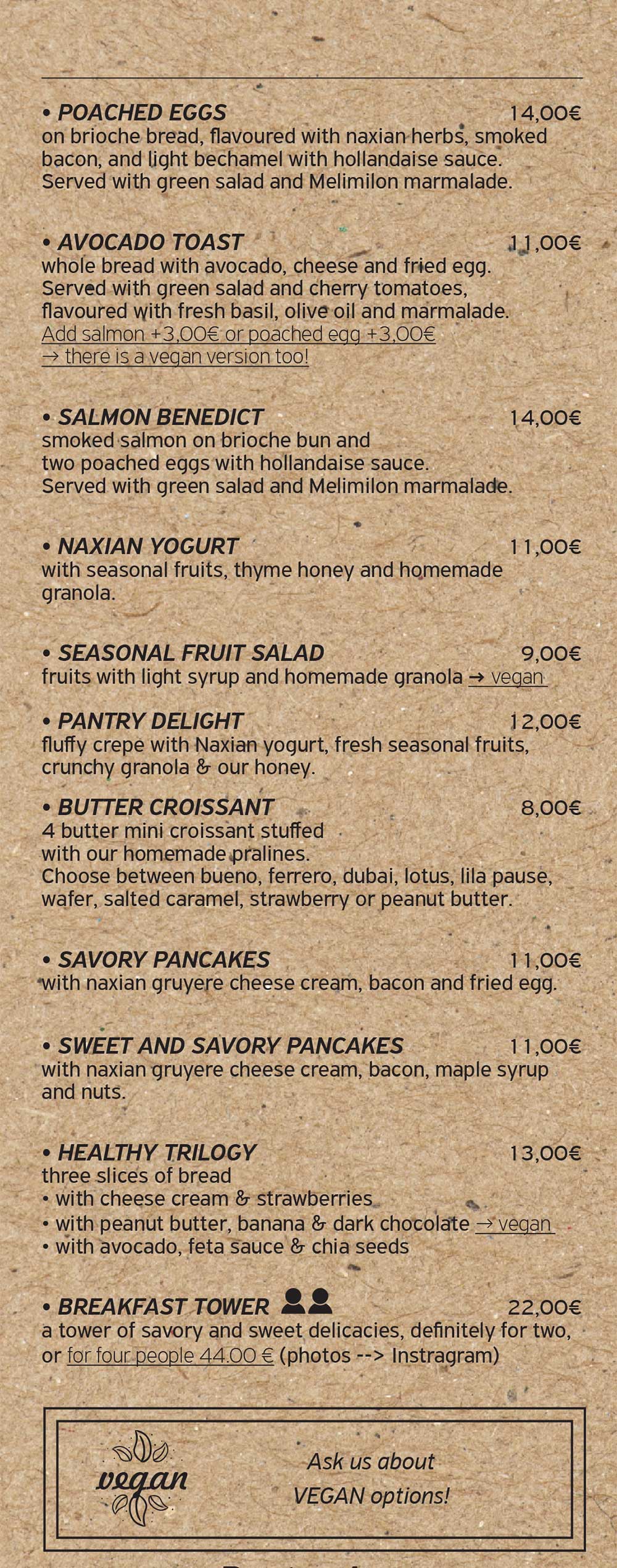 The menu of Pantry coffee and brunch spot in Naxos