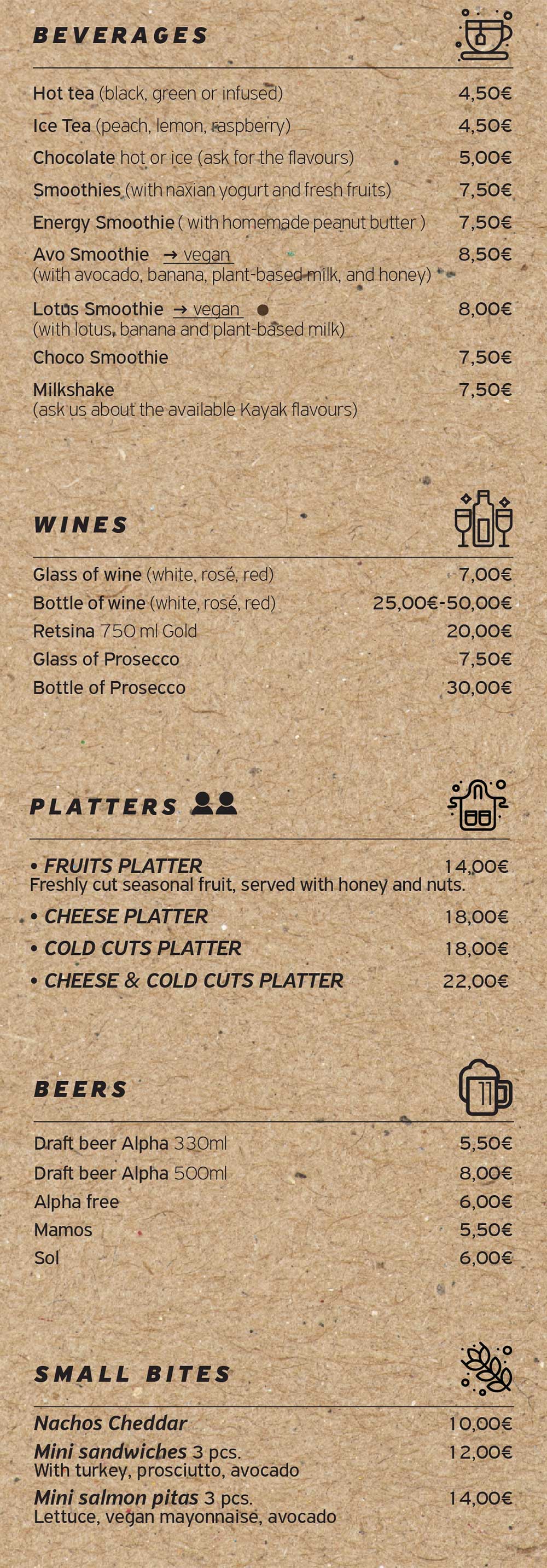 The menu of Pantry coffee and brunch spot in Naxos